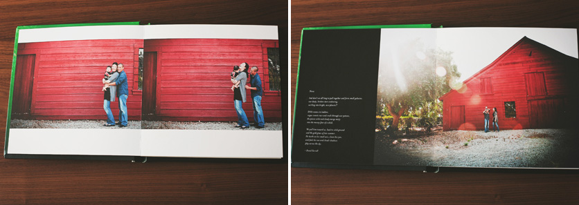 family album spread with parents and child